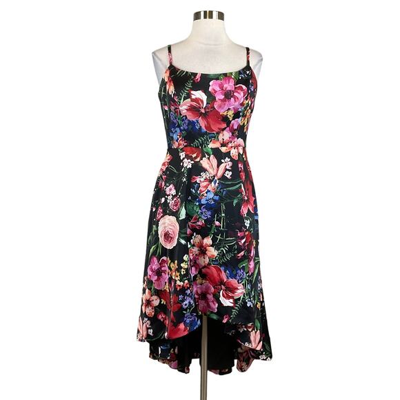 XSCAPE Women's Cocktail Dress Size 6 Black Floral Print Satin High Low Midi Gown - Picture 1 of 12